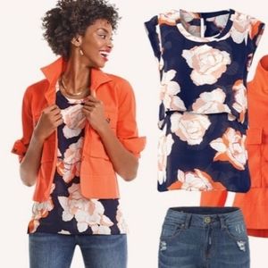 CAbi Size XL Women's Top #5030 Blossom Floral Tiered Cap Sleeve Keyhole